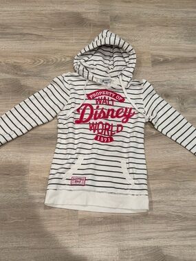 Women’s Disney White Striped Hoodie with Pink Embroidered Logo